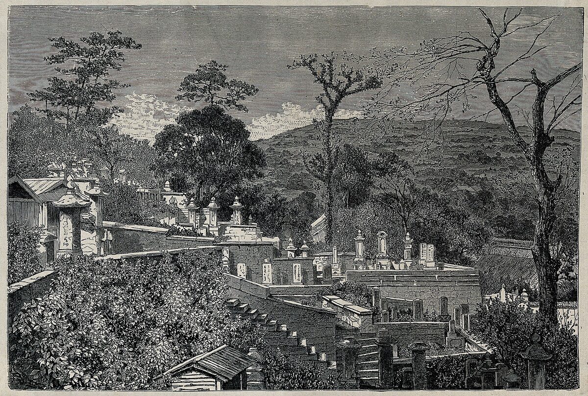 Rappresentazione storica di un cimitero disposto su un pendio a Nagasaki
