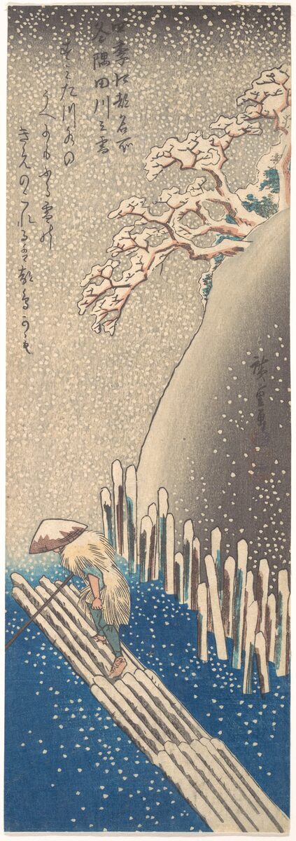 La Sumida sotto la neve in una stampa storica, con fiume, rive e imbarcazioni attenuati dal bianco