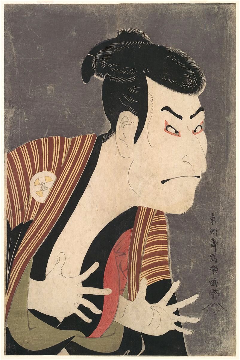 L'attore Ōtani Oniji III in un ritratto di Sharaku del 1794, con mani tese e volto contratto nel ruolo