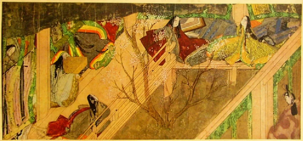 Dame di corte osservano i ciliegi da uno spazio interno nel rotolo illustrato del Genji monogatari