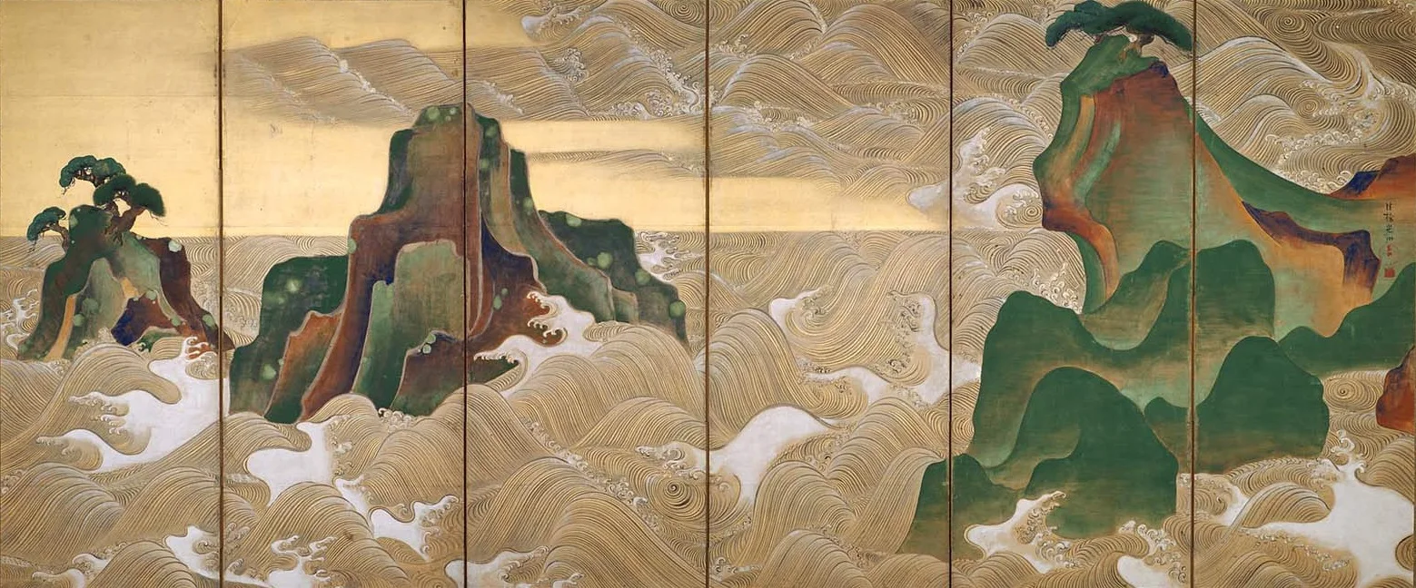 Onde dorate e blu si avvolgono attorno alle isole rocciose di Matsushima in un dipinto del XVIII secolo