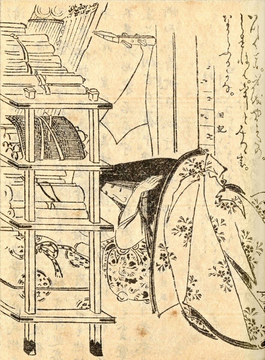 Raffigurazione storica di Murasaki Shikibu seduta in abito di corte
