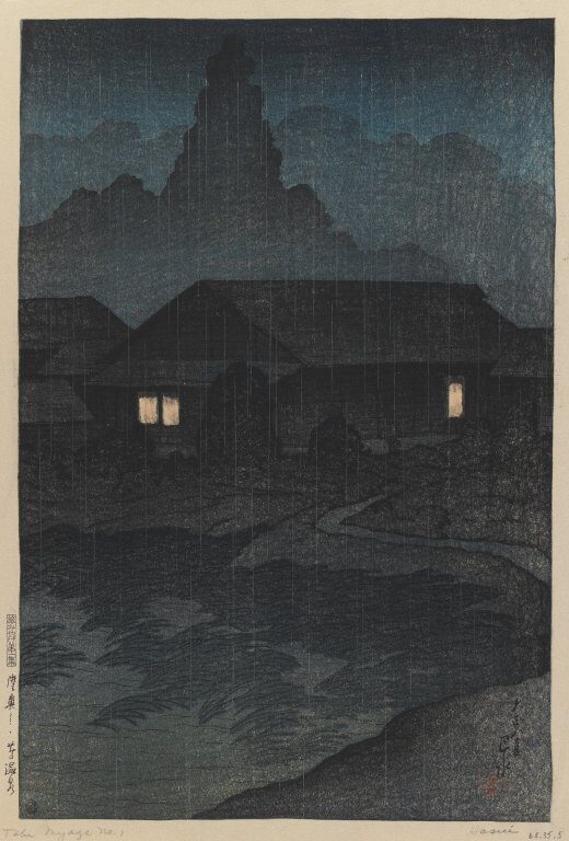 Stampa notturna di Kawase Hasui con edifici termali scuri sotto la pioggia e poche finestre illuminate.