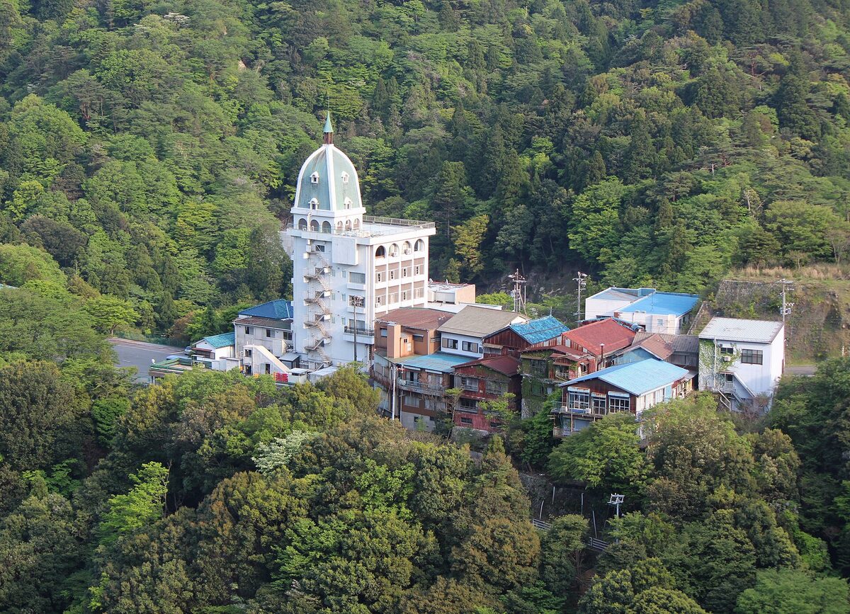Edifici di Yunoyama Onsen raccolti su un pendio fitto di alberi, con una struttura alta dal tetto verde.